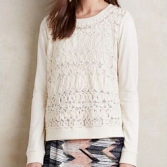 Akemi + Kin Anthro Mesh Rosette‎ Sequin Sweatshirt Ivory S - Picture 1 of 11